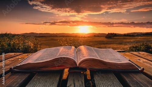 The Bible with Sunset on a Quiet Hilltop. An open Bible rests on a weathered wooden bench, bathed in the golden glow of a setting sun.