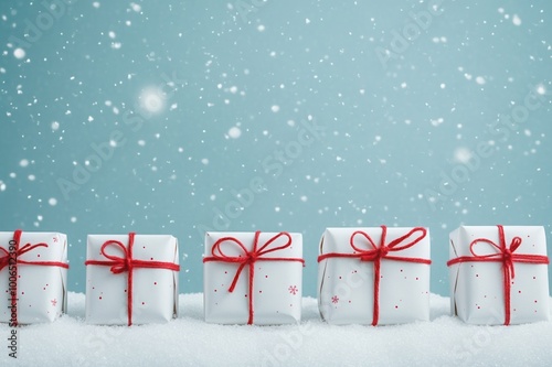 Row of white Christmas presents with red ribbons arranged in the snow against a light blue background with falling snowflakes