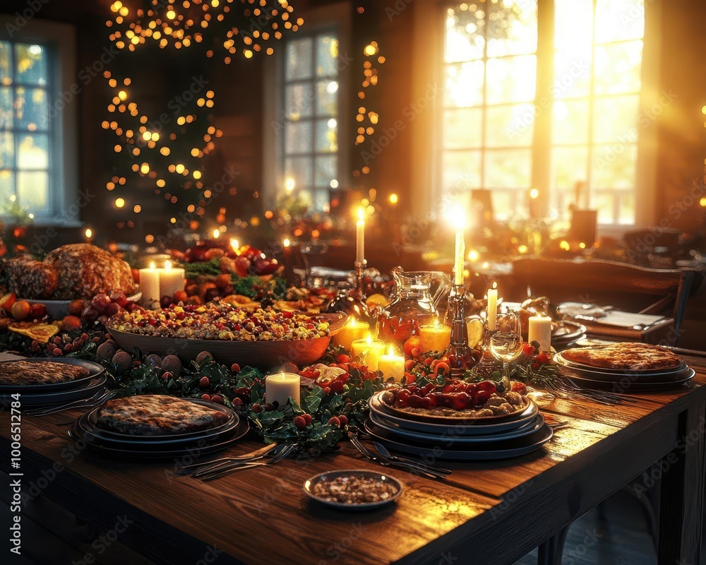 Thanksgiving feast with a vibrant spread, soft lighting, cozy atmosphere, rustic dining room, photo-realistic