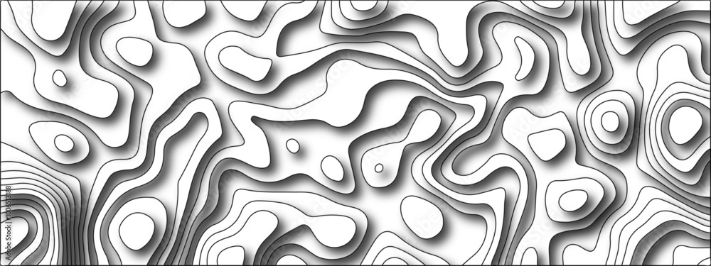 White background topography contour map with black curve lines. Geography contour map linear background vector illustration. White topology and topography vector design White background topography contour map with black curve lines. Geography contour map linear background vector illustration. White topology and topography vector design