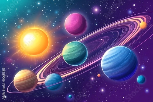 A Colorful Depiction of a Solar System with a Ringed Planet and a Sun photo