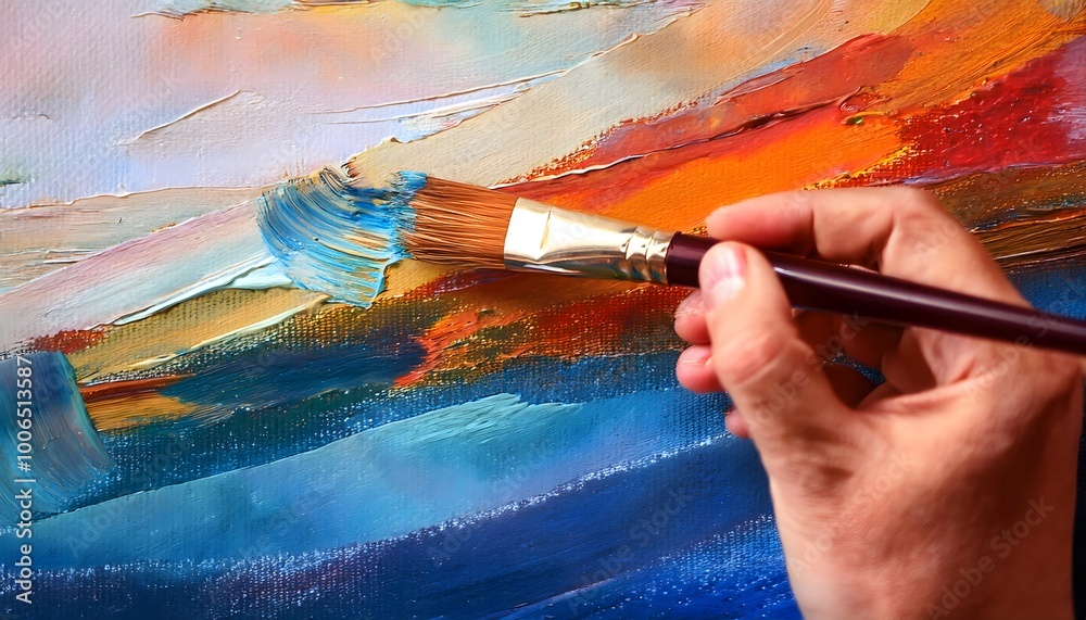 Obraz premium close-up captures an artist's hand skillfully holding a paintbrush as it glides across a canvas