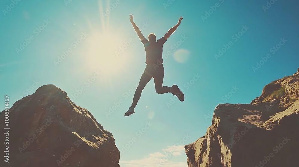 Silhouette of a person leaping between cliffs under the bright sun. Perfect for themes of challenge, motivation, courage, and achieving goals. Silhouette of a person leaping between cliffs under the bright sun. Perfect for themes of challenge, motivation, courage, and achieving goals.
