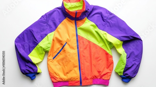 A vibrant windbreaker jacket for men in neon colors, isolated on a bright white backdrop, ideal for sporty and active lifestyles