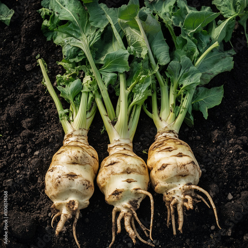 capturing fruit-bearing plants vegetable, thriving in dark soil. Each plant is depicted with its full fruits
 photo