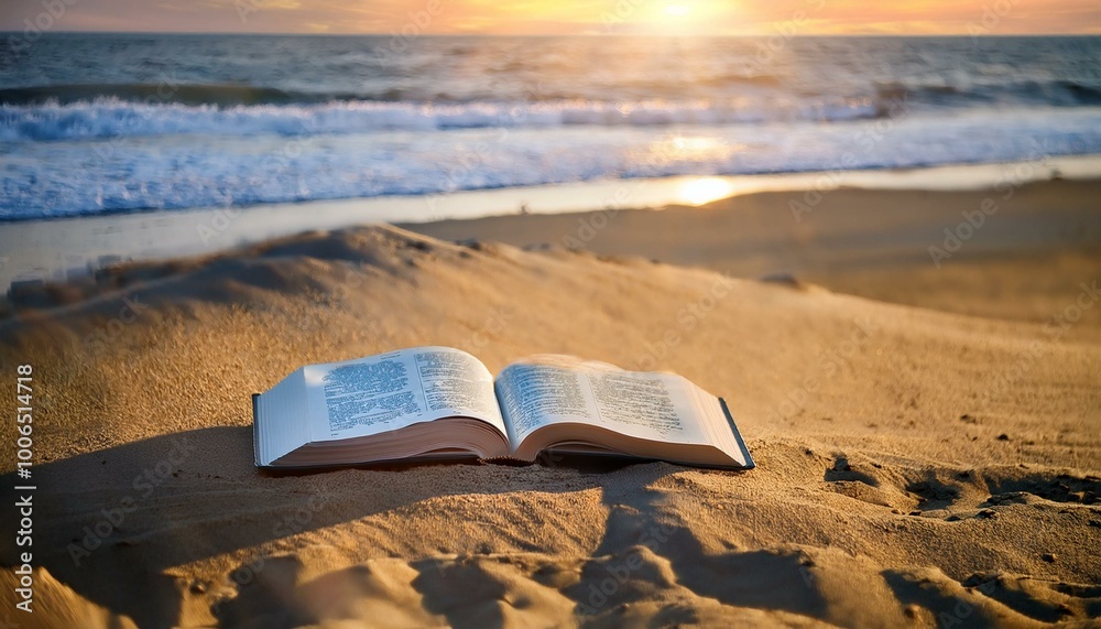 The Bible on Deserted Beach at Dawn. A Bible lies open on the sand as soft morning light reflects off the ocean waves. The Bible on Deserted Beach at Dawn. A Bible lies open on the sand as soft morning light reflects off the ocean waves.