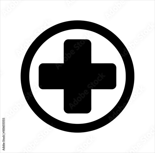 Black circle with medical hospital cross health icon vector illustration design on white background.