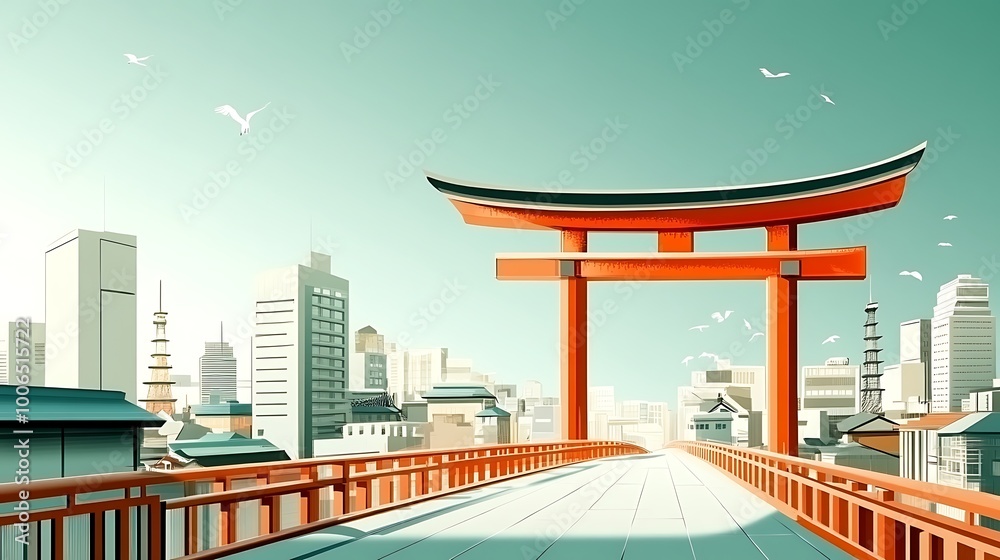A Traditional Torii Gate Overlooking a Modern Japanese Cityscape A Traditional Torii Gate Overlooking a Modern Japanese Cityscape