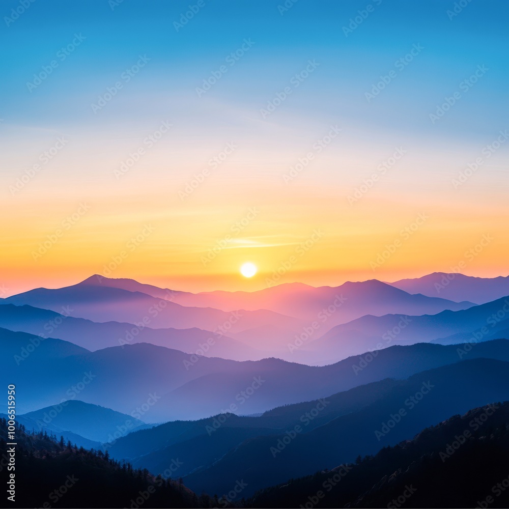 Obraz premium A breathtaking sunrise over layered mountain ranges, showcasing vibrant hues of orange and blue, ideal for travel blogs, nature magazines, or inspirational wallpapers,