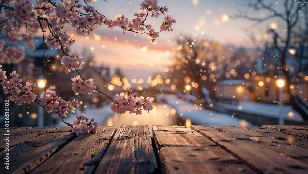 A picturesque scene featuring cherry blossoms in the foreground, with a tranquil river reflecting the soft glow of sunset and warm lights A picturesque scene featuring cherry blossoms in the foreground, with a tranquil river reflecting the soft glow of sunset and warm lights