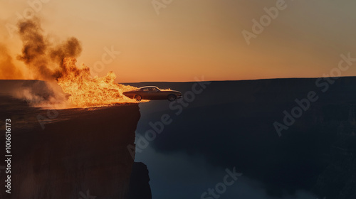 A burning car plummets off ...