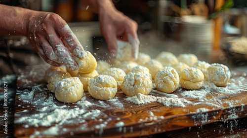 A skilled baker is gently forming dough balls with floured hands on a wooden surface. Flour dust creates a soft cloud as the kitchen buzzes with activity photo