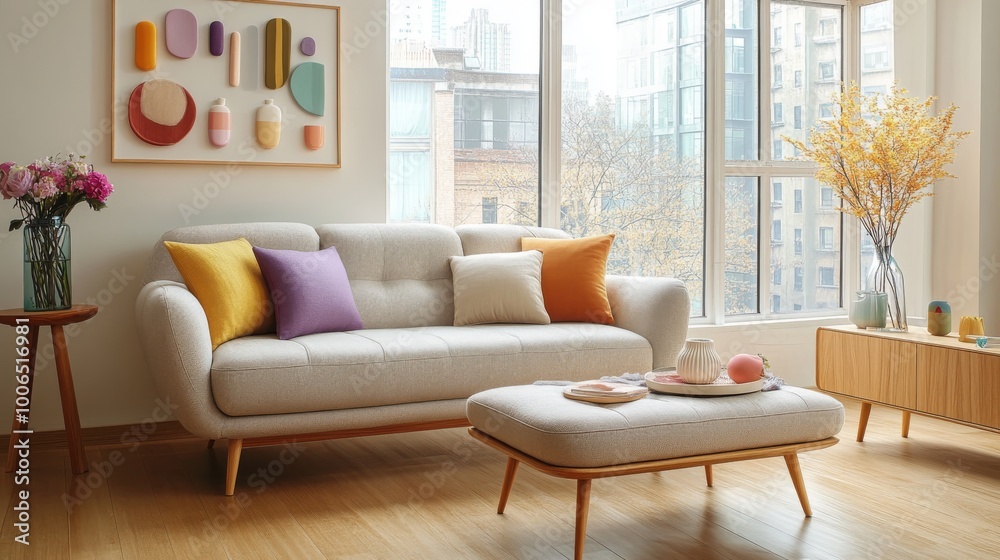 Mid-century modern style living room, with a light gray textured sofa and ottoman covered in soft fabric in various colors, including mustard yellow, purple, blue-green, orange, white and pink. Mid-century modern style living room, with a light gray textured sofa and ottoman covered in soft fabric in various colors, including mustard yellow, purple, blue-green, orange, white and pink.