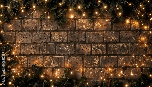 Rustic brick wall adorned with festive string lights and green garlands design , banner