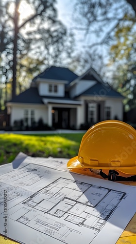 A photo of construction plans, blueprints, and building materials with an unfinished house in the background