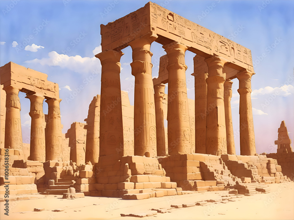 Fototapeta premium Luxor's Temples Egypt Country Landscape Watercolor Illustration Art