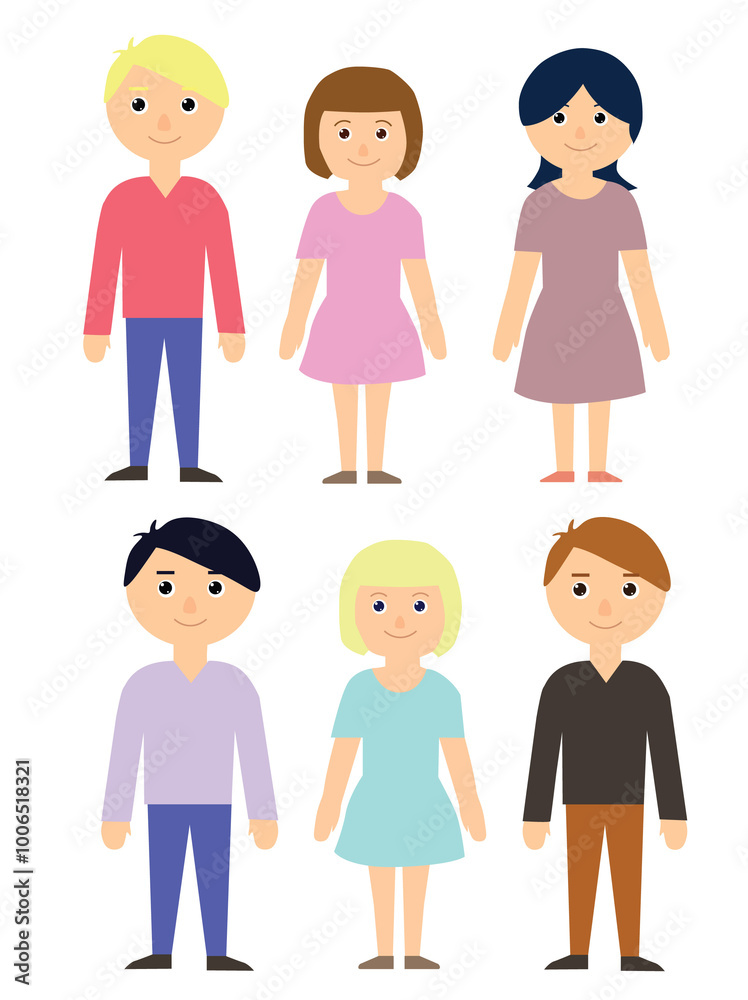 Women and men, boys and girls. Set of vector illustrations in cartoon style Women and men, boys and girls. Set of vector illustrations in cartoon style