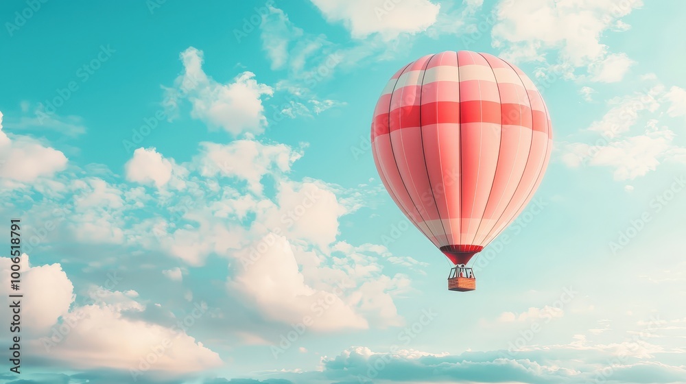 Fototapeta premium A vibrant hot air balloon drifts gracefully against a backdrop of fluffy clouds and a bright blue sky, symbolizing adventure and freedom.
