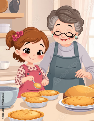 Grandmother and granddaughter baking pies together in cozy kitchen