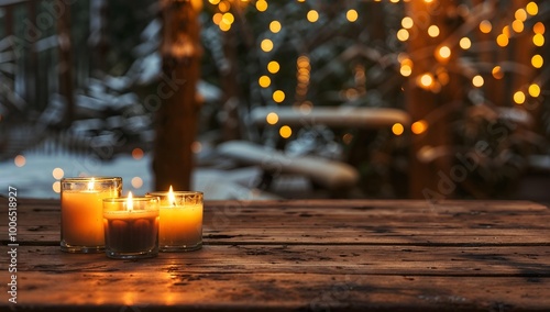 Cozy Candlelit Winter Evening background lowing fairy lights and a snowy background text space 