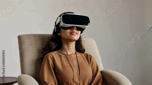 Middle eastern woman enjoying her ovie on virtual helmet while being on the sofa photo