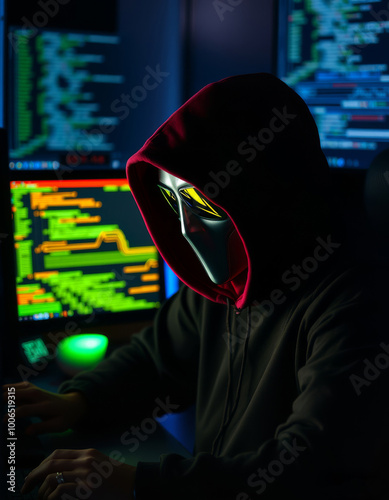 Mysterious hacker in hooded jacket surrounded by computer screens in dark room