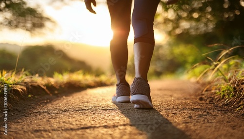 Individual enjoying a peaceful evening walk in a serene park setting. Healthy lifestyle concept.
