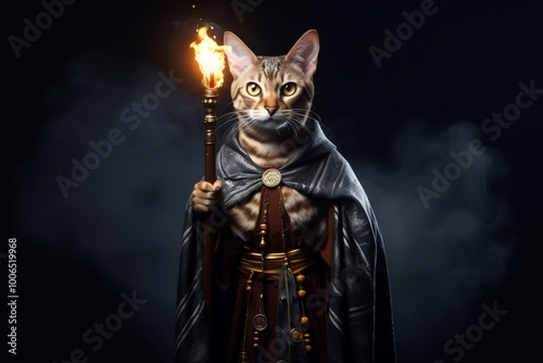 wizard cat in blue robe holding a torch, studio photography, dark blue background, copy space