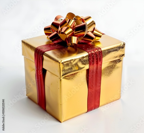 Gold gift box with a shiny red ribbon and bow, set against a plain white background.