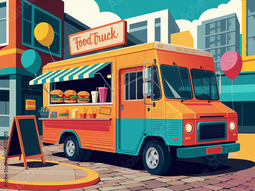 Vibrant urban food truck with colorful balloons and burgers
