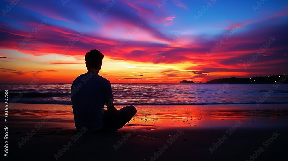 Fototapeta premium Silhouette of a young man sitting alone on a beach at sunset, reflecting in solitude with a colorful sky of orange, pink, and purple hues