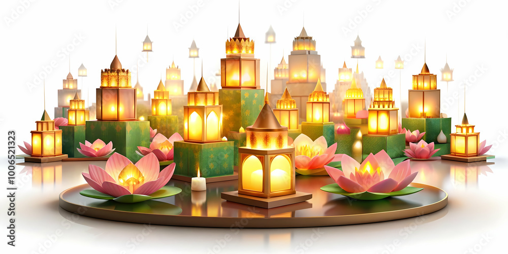 3D Loy Krathong Festival Icon with Glowing Lanterns Isolated on White Background - Celebrate the Magical Essence of Thai Tradition 3D Loy Krathong Festival Icon with Glowing Lanterns Isolated on White Background - Celebrate the Magical Essence of Thai Tradition