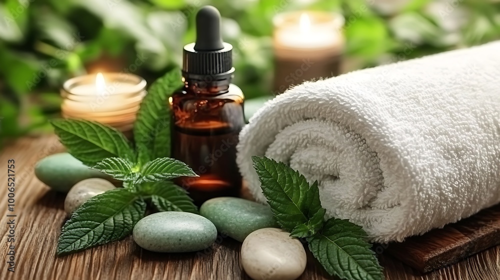 Zen spa scene with a white towel, essential oils, candles, and smooth stones. Perfect for wellness, relaxation, and beauty themes. Zen spa scene with a white towel, essential oils, candles, and smooth stones. Perfect for wellness, relaxation, and beauty themes.