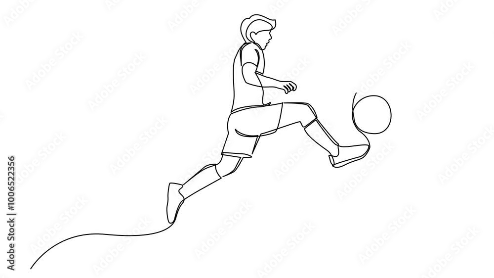 Continuous line drawing of football player jump and fly to kicking ball. Single one line art of young man playing soccer ball template Continuous line drawing of football player jump and fly to kicking ball. Single one line art of young man playing soccer ball template