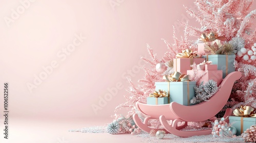 Xmas new year background pastel with copy space Christmas gifts in a pink sleigh, festive decor photo