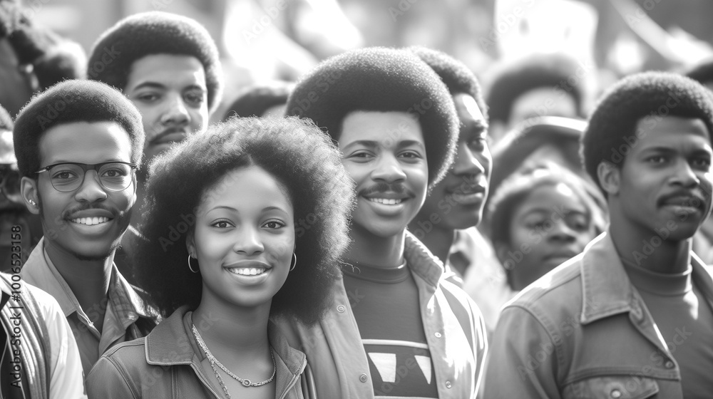 black and white photograph of a group of African American people standing in a row, a parade of American people in 80's, Commemorate Civil Rights Day black and white photograph of a group of African American people standing in a row, a parade of American people in 80's, Commemorate Civil Rights Day