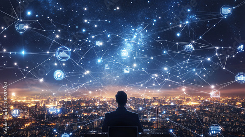 Businessman looking at the cityscape at night with network connection