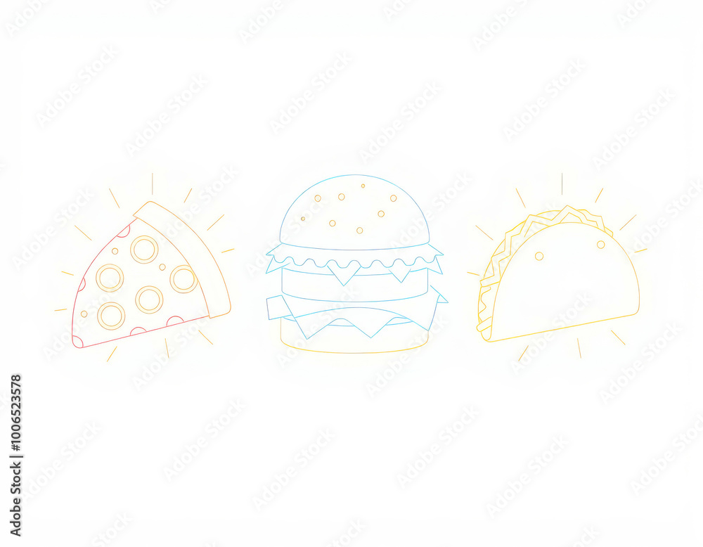Minimalistic line art of pizza, burger, and taco icons on white background Minimalistic line art of pizza, burger, and taco icons on white background