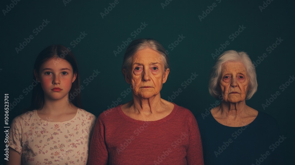 Timelapse of aging from girl to elderly woman, showcasing various life stages with natural lighting. Timelapse of aging from girl to elderly woman, showcasing various life stages with natural lighting.
