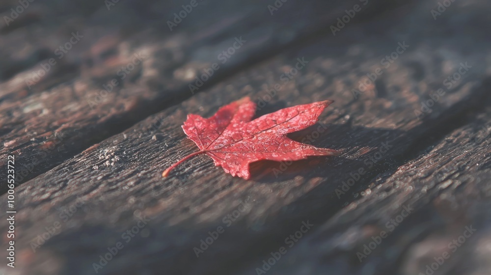 Autumn Beauty - Vibrant Red Leaf on Textured Wooden Table Autumn Beauty - Vibrant Red Leaf on Textured Wooden Table