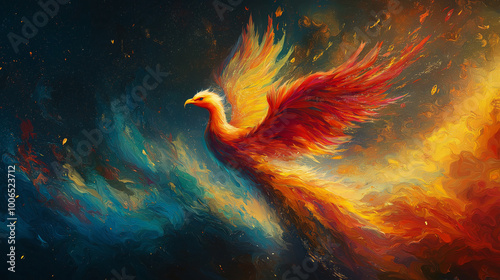 Phoenix Rising: A majestic phoenix bird soars through a vibrant cosmic landscape, its fiery plumage ablaze against a backdrop of swirling nebulae and stardust.