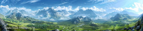 Mountain Landscape: A majestic mountain landscape with rugged peaks, alpine meadows, and a clear blue sky.