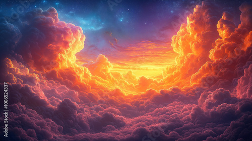 Celestial Canvas: A breathtaking digital painting of a fiery sunset above a sea of clouds, with a starry night sky creating a surreal and ethereal atmosphere. 