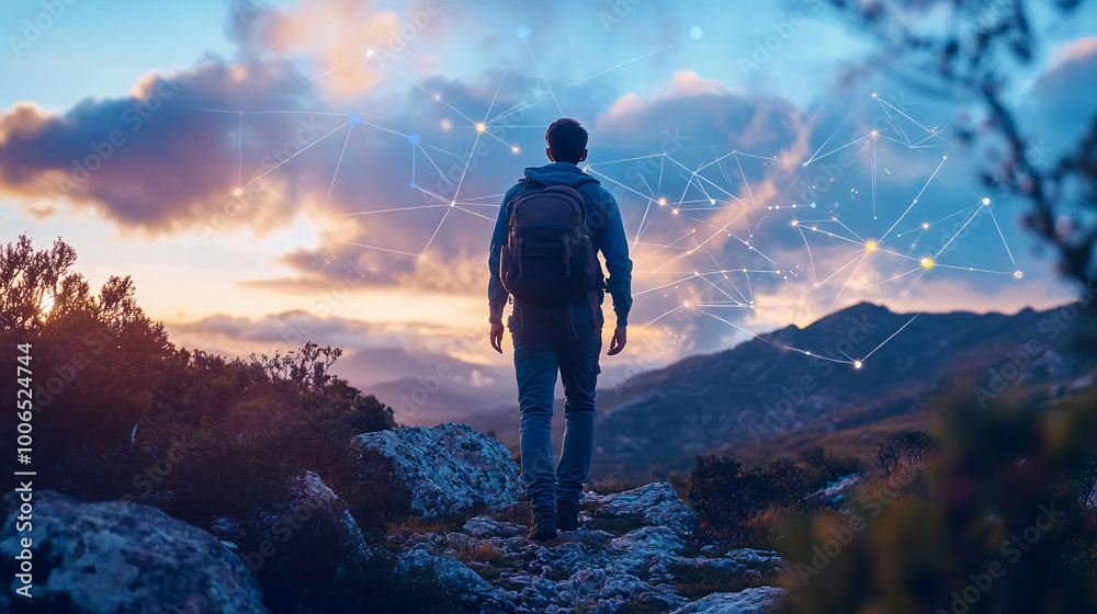 Fototapeta premium Man standing on a mountaintop looking at digital network sunset