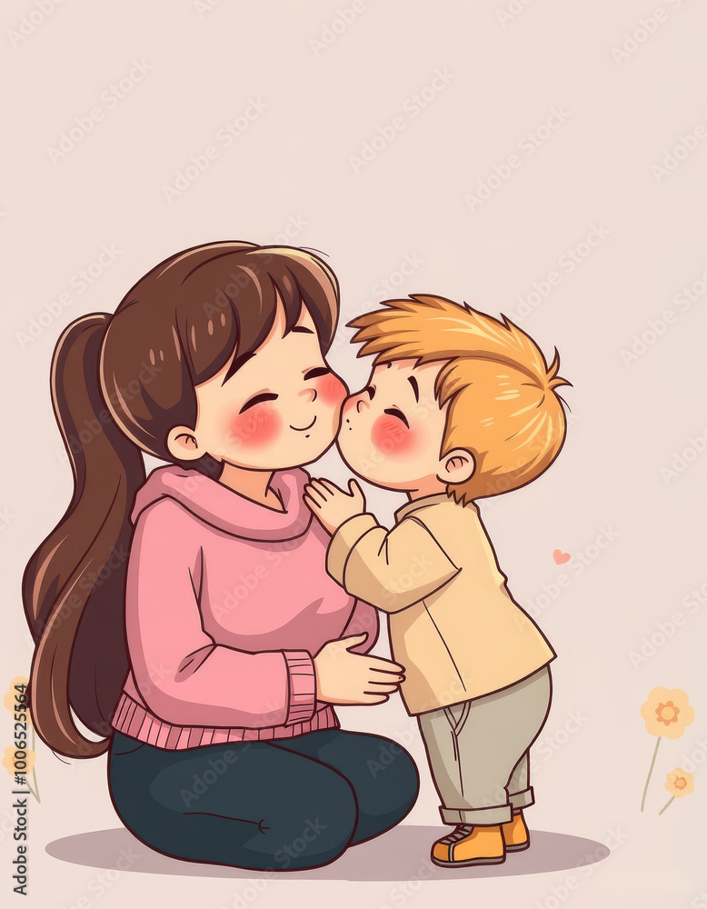 Adorable drawn mother and child moment with sweet kiss Adorable drawn mother and child moment with sweet kiss
