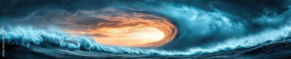 Obraz premium A breathtaking view of a giant ocean wave captured at sunset, showcasing vibrant colors and dramatic clouds, perfect for nature and adventure themes.