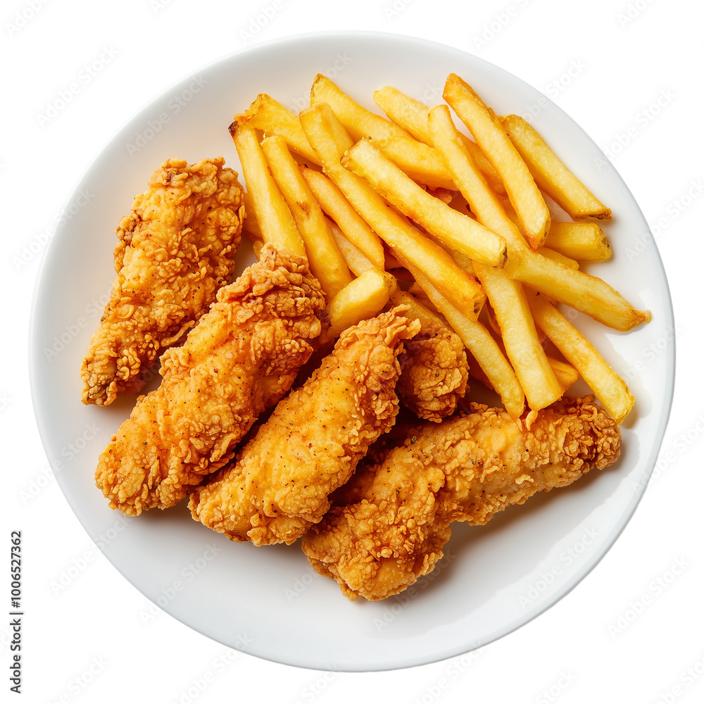 Crispy chicken strips with French fries in a white plate top view isolated on transparent or white background Crispy chicken strips with French fries in a white plate top view isolated on transparent or white background