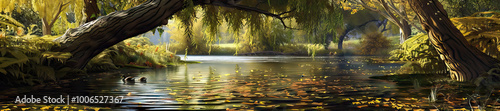Riverbank: A tranquil riverbank scene with a meandering river, overhanging willow trees, and a family of ducks swimming