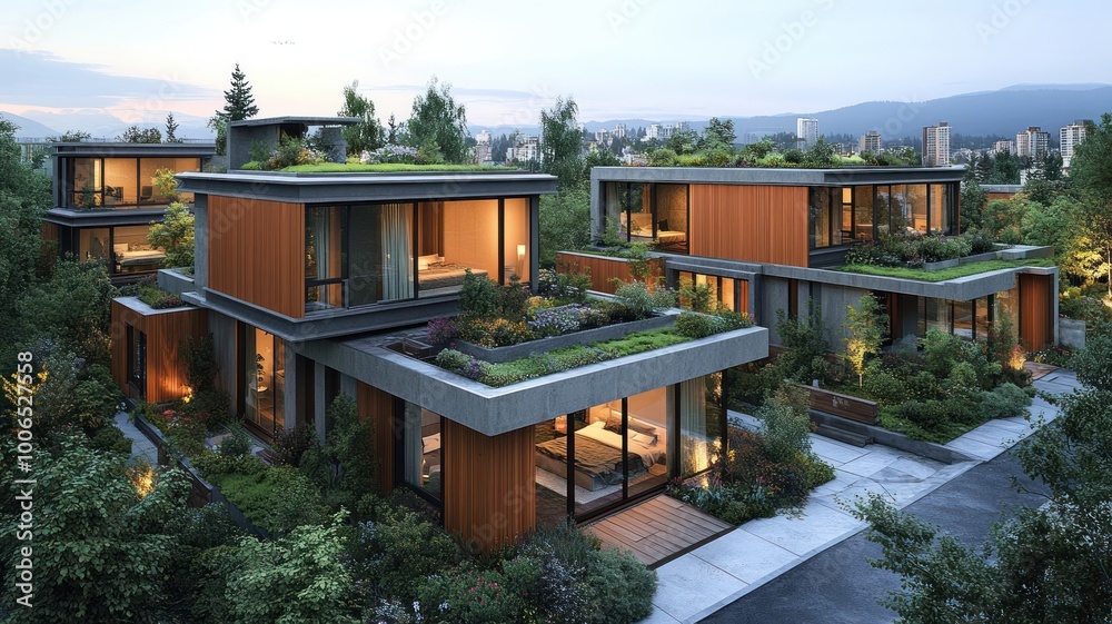 Fototapeta premium Modern architectural homes with green roofs surrounded by nature.