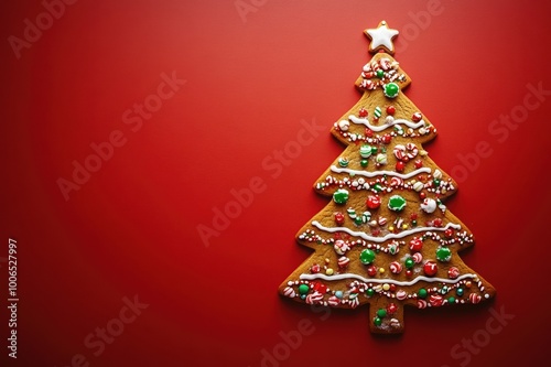 Christmas tree-shaped gingerbread cookie decorated with colorful candies and icing, placed on a vibrant red background